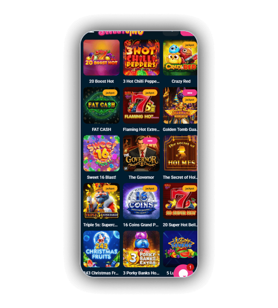 Sweetsino games library showing slot tiles across more than thirty studios.