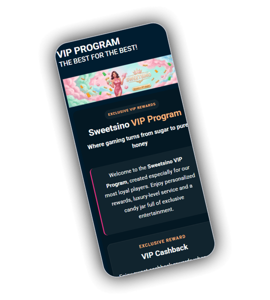 Sweetsino VIP club screen showing the Sweet Tooth, Sugar Master and Willy Wonka tiers.